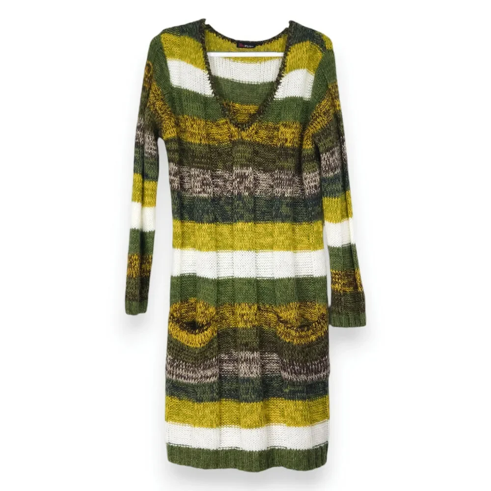 Ultra Flirt Striped V‑Neck‎ Sweater Dress Green White XL EUC Vintage Cozy Fuzzy
